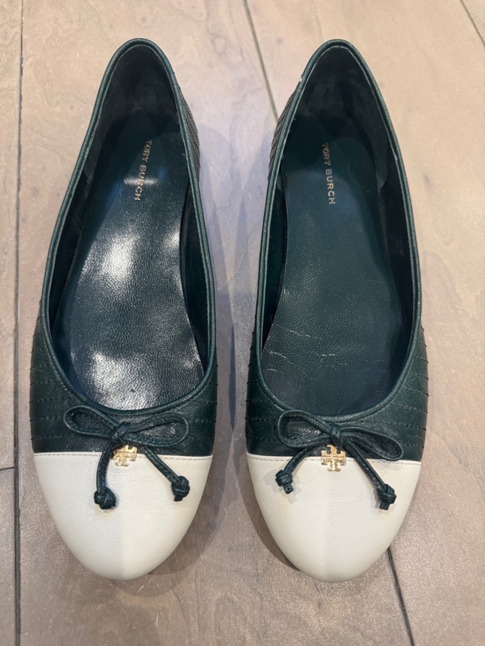 Tory Burch Black and White Two-Tone Bow Cap-Toe Flats